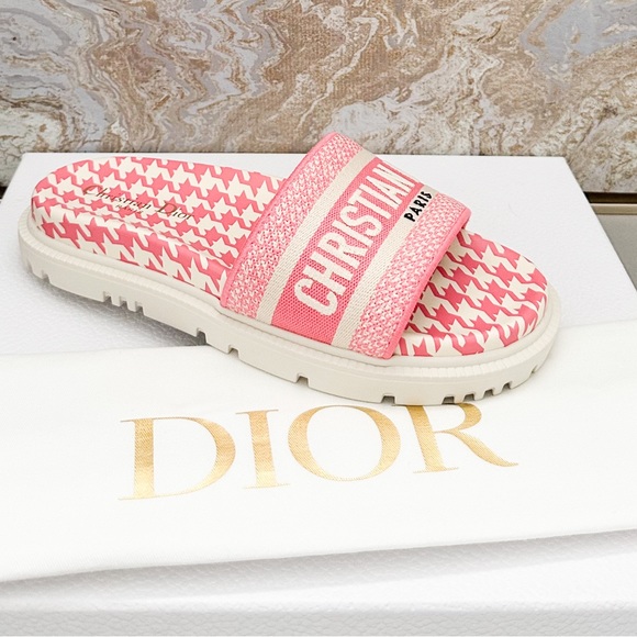 New! Christian Dior Canvas Houndstooth Embroidered Dway Slide Sandals - Picture 2 of 9